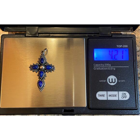 Vintage Sterling Silver Lapis Lazuli Ornate Cross - Picture 6 of 6